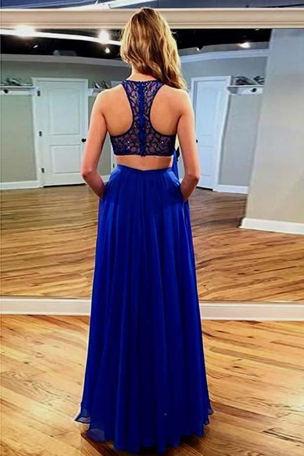 Vestido de fiesta de dos piezas de gasa azul rey hasta el suelo con bolsillos de encaje